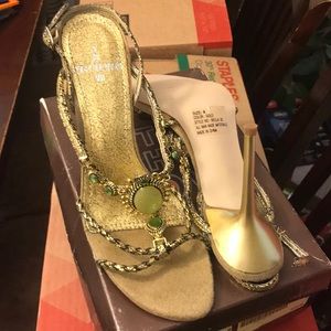 Thom Brown Gold Heels w/green jewels NWT no box